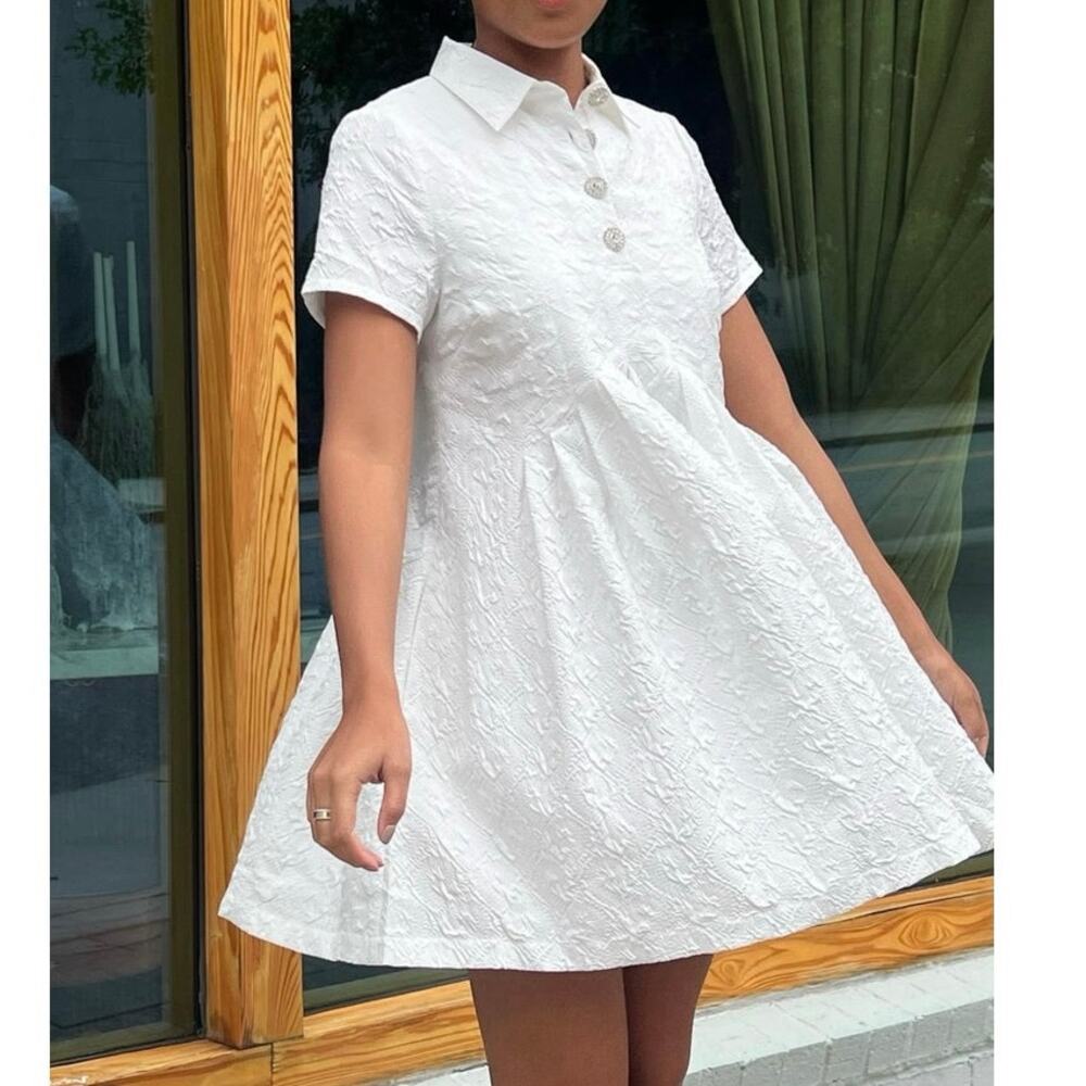 Hill House Rosalind White Jacquard Rhinestone Button Collar Mini Dress XS